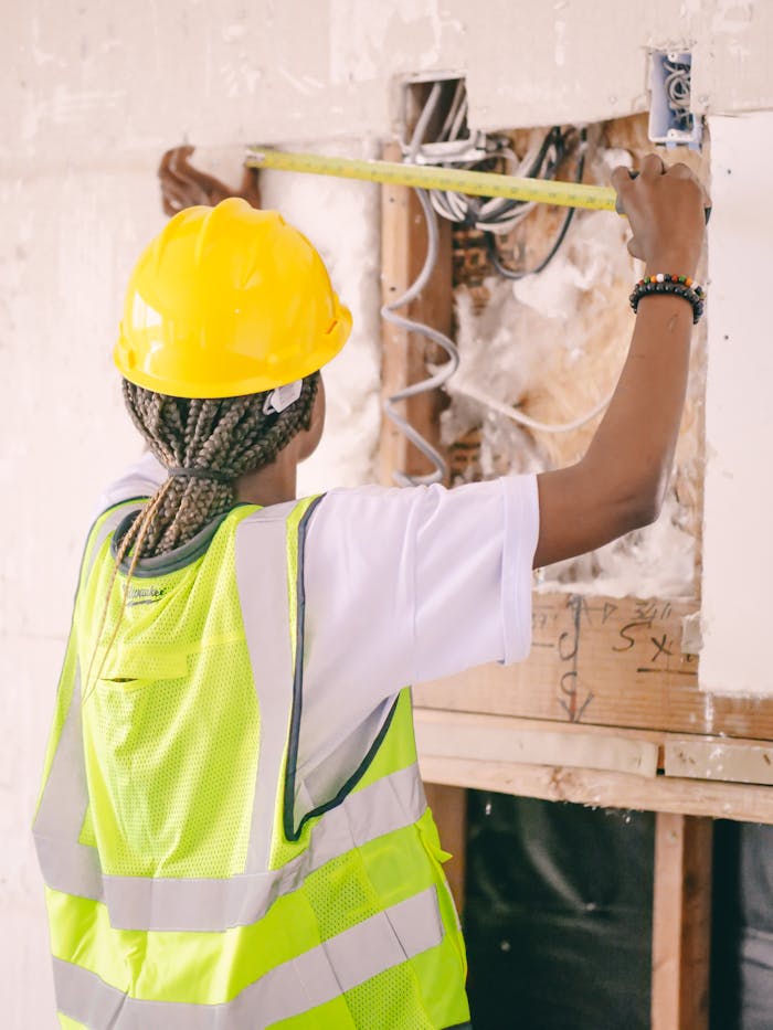 gallery-5 Back view of a construction worker measuring wall space wearing safety gear.